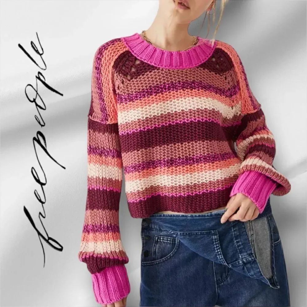 Free People Devon Sweater Stripe Cropped Chunky Knit Pink Rose in the Size M
